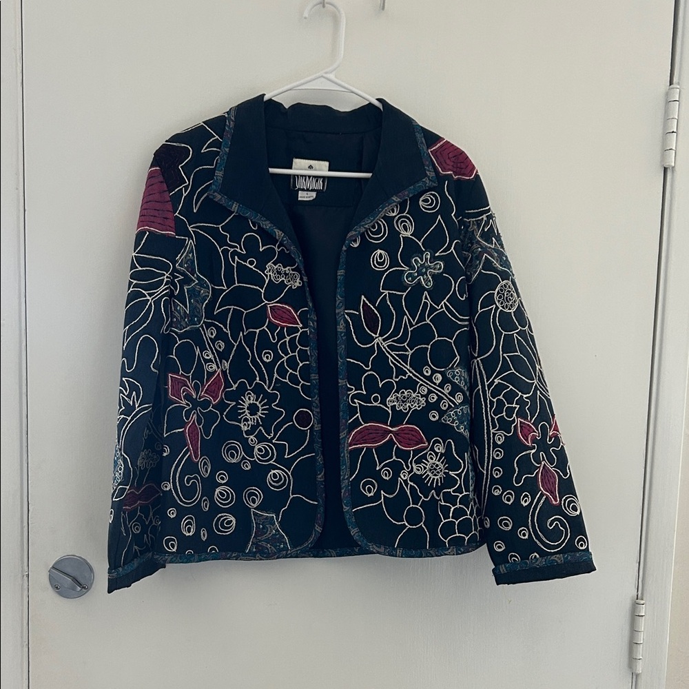 Floral Embroidered Women's Blazer - Black and Red